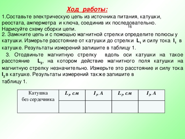 Ход работы:  Составьте электрическую цепь из источника питания, катушки, реостата, амперметра и ключа, соединив их последовательно. Нарисуйте схему сборки цепи. 16 2. Замкните цепь и с помощью магнитной стрелки определите полюсы у катушки. Измерьте расстояние от катушки до стрелки L 1 и силу тока I 1 в катушке. Результаты измерений запишите в таблицу 1.  3. Отодвиньте магнитную стрелку вдоль оси катушки на такое расстояние L 2 , на котором действие магнитного поля катушки на магнитную стрелку незначительно. Измерьте это расстояние и силу тока I 2 в катушке. Результаты измерений также запишите в таблицу 1. Катушка без сердечника L 1 , см I 1 , А L 2 , см I 2 , А 