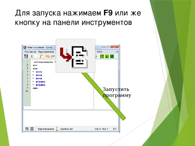 Для запуска нажимаем  F9  или же кнопку на панели инструментов   Запустить программу 