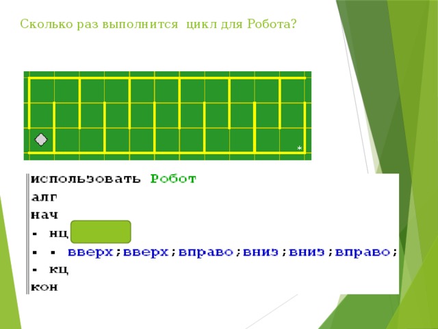 Сколько раз выполнится цикл для Робота? 