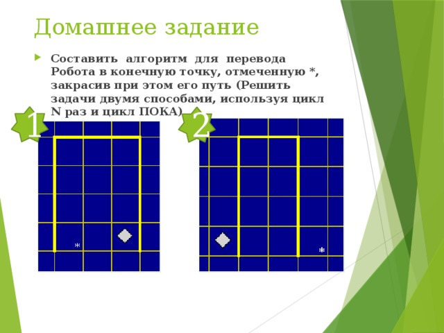 Домашнее задание Составить алгоритм для перевода Робота в конечную точку, отмеченную *, закрасив при этом его путь (Решить задачи двумя способами, используя цикл N раз и цикл ПОКА). 1 2 