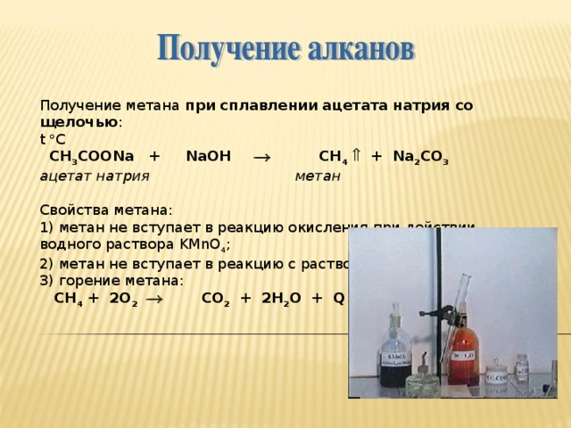 Получение метана при сплавлении ацетата натрия со щелочью : t  C  CH 3 COONa +  NaOH   CH 4   + Na 2 CO 3  ацетат натрия  метан Свойства метана: 1) метан не вступает в реакцию окисления при действии водного раствора KMnO 4 ; 2 ) метан не вступает в реакцию с раствором брома; 3 ) горение метана:  CH 4 + 2О 2   СО 2 + 2Н 2 О + Q 