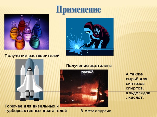 Получение растворителей Получение ацетилена А также сырьё для синтезов спиртов, альдегидов, кислот. Горючее для дизельных и турбореактивных двигателей В металлургии 