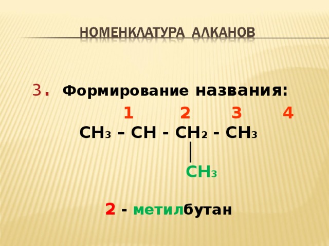 3 .  Формирование названия :  1 2 3 4 CH 3 – CH - CH 2 - CH 3   │   CH 3  2 - метил бутан 