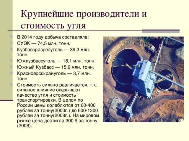 Крупнейшие производители и стоимость угля В 2014 году добыча составляла: СУЭК — 74,5 млн. тонн. Кузбассразрезуголь — 39,3 млн. тонн. Южкузбассуголь — 18,1 млн. тонн. Южный Кузбасс — 15,6 млн. тонн. Красноярсккрайуголь — 3,7 млн. тонн. Стоимость сильно различается, т.к. сильное влияние оказывают качество угля и стоимость транспортировки. В целом по России цены колеблются от 60-400 рублей за тонну(2000г.) до 600-1300 рублей за тонну(2008г.). На мировом рынке цена достигла 300 $ за тонну (2008). 