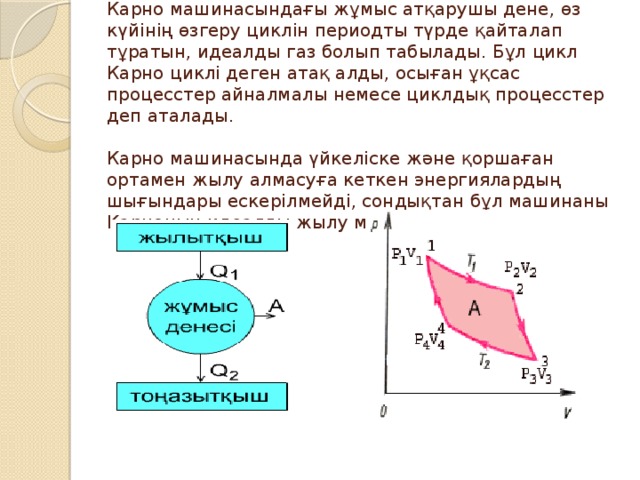 Карно машинасындағы жұмыс атқарушы дене, өз күйiнiң өзгеру циклiн периодты түрде қайталап тұратын, идеалды газ болып табылады. Бұл цикл Карно циклi деген атақ алды, осыған ұқсас процесстер айналмалы немесе циклдық процесстер деп аталады.   Карно машинасында үйкелiске және қоршаған ортамен жылу алмасуға кеткен энергиялардың шығындары ескерiлмейдi, сондықтан бұл машинаны Карноның идеалды жылу машинасы деп атайды . 