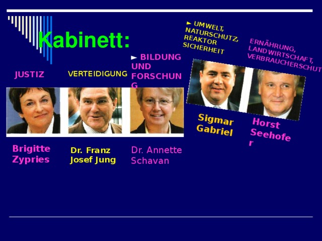 ► UMWELT, NATUR­SCHUTZ, REAKTOR­SICHERHEIT  ERNÄHRUNG, LANDWIRTSCHAFT, VERBRAUCHERSCHUTZ  Sigmar Gabriel  Horst Seehofer  Kabinett: ► BILDUNG UND FORSCHUNG  JUSTIZ VERTEIDIGUNG  Brigitte Zypries  Dr. Annette Schavan  Dr. Franz Josef Jung  