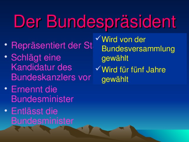 Der Bundespräsident Wird von der Bundesversammlung gewählt Wird für fünf Jahre gewählt Repräsentiert der Staat Schlägt eine Kandidatur des Bundeskanzlers vor Ernennt die Bundesminister Entlässt die Bundesminister 