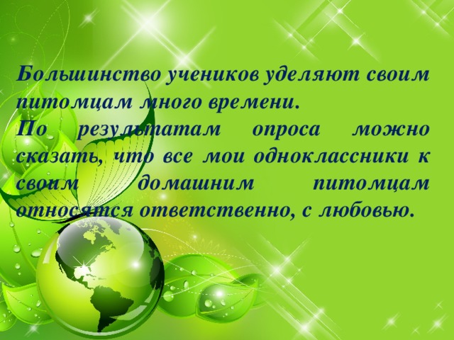        Большинство учеников уделяют своим питомцам много времени. По результатам опроса можно сказать, что все мои одноклассники к своим домашним питомцам относятся ответственно, с любовью.    