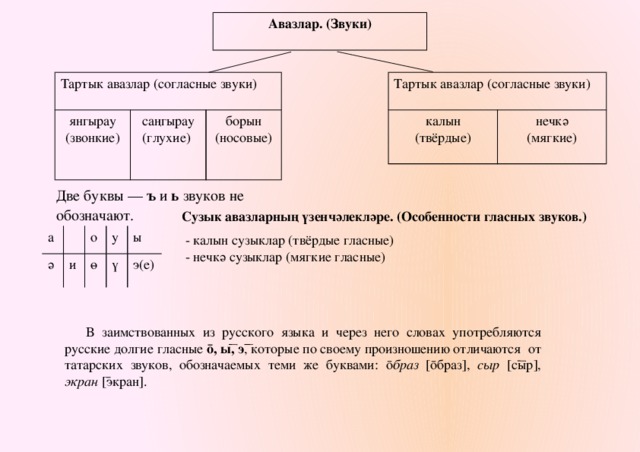 Авазлар. (Звуки)   Тартык авазлар (согласные звуки) Тартык авазлар (согласные звуки) калын (твёрдые) нечкә янгырау (мягкие) саңгырау (звонкие) борын (глухие) (носовые) Две буквы — ъ и ь звуков не обозначают. Сузык авазларның үзенчәлекләре. (Особенности гласных звуков.) а ә и о ө у ы ү э(е)  - калын сузыклар (твёрдые гласные)  - нечкә сузыклар (мягкие гласные) В заимствованных из русского языка и через него словах употребляются русские долгие гласные ō, ы, э , которые по своему произношению отличаются от татарских звуков, обозначаемых теми же буквами: ō браз [ōбраз], сыр [сыр], экран [экран].  