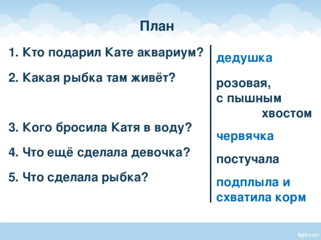 План 1. Кто подарил Кате аквариум? 2. Какая рыбка там живёт?  3. Кого бросила Катя в воду? 4. Что ещё сделала девочка? 5. Что сделала рыбка? дедушка  розовая, с пышным хвостом червячка постучала подплыла и схватила корм    Работа с текстом. Ответы на вопросы плана, подбор ключевых слов.  
