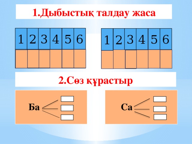 1.Дыбыстық талдау жаса 6 4 3 2 1 5 2 1 6 5 4 3 Р Ұ А Т С Қ Р С А Т Д О   2.Сөз құрастыр  Са  Ба 