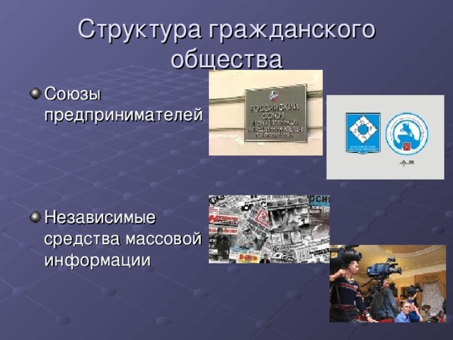 Структура гражданского общества Союзы предпринимателей   Независимые средства массовой информации 