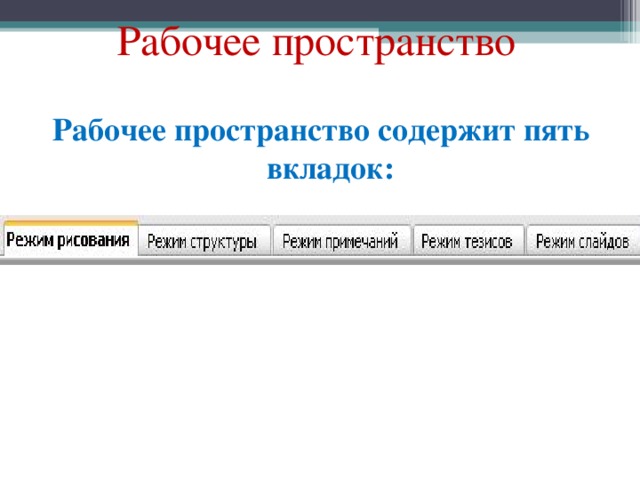 Рабочее пространство Рабочее пространство содержит пять вкладок: 
