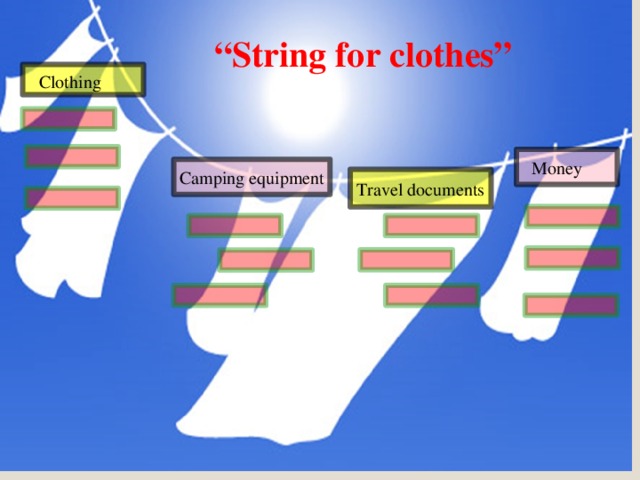 “ String for clothes”   Сlothing  Money Camping equipment Travel documents 