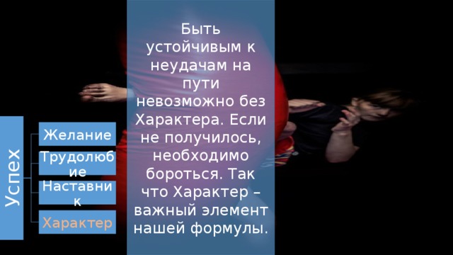 Быть устойчивым к неудачам на пути невозможно без Характера. Если не получилось, необходимо бороться. Так что Характер – важный элемент нашей формулы. Успех Желание Трудолюбие Наставник Характер 