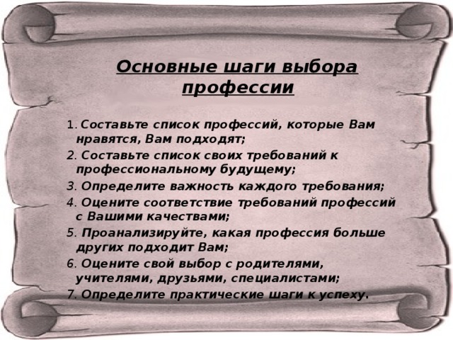    Основные шаги выбора профессии  1. Составьте список профессий, которые Вам нравятся, Вам подходят; 2. Составьте список своих требований к профессиональному будущему; 3. Определите важность каждого требования; 4. Оцените соответствие требований профессий с Вашими качествами; 5. Проанализируйте, какая профессия больше других подходит Вам; 6. Оцените свой выбор с родителями, учителями, друзьями, специалистами; 7. Определите практические шаги к успеху.   