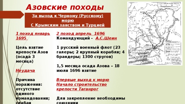Азовские походы За выход к Черному (Русскому) морю С Крымским ханством и Турцией 2 поход апрель 1696 1 поход январь 1695  Командующий - А.С.Шеин Цель взятие крепости Азов (осада 3 месяца)   1 русский военный флот (23 галеры; 2 крупный корабля; 4 брандеры; 1300 стругов) Неудача    1,5 месяца осада Азова – 18 июля 1696 взятие Причина поражения: отсутствие единого командования; слабая артиллерия; отсутствие флота  Впервые выход к морю Начало строительство крепости Таганрог  Для закрепление необходимы союзники 