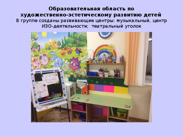 Образовательная область по  художественно-эстетическому развитию детей   В группе созданы развивающие центры: музыкальный, центр ИЗО-деятельности; театральный уголок 