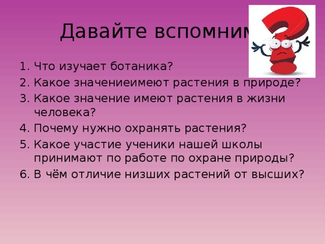 Давайте вспомним! Что изучает ботаника? Какое значениеимеют растения в природе? Какое значение имеют растения в жизни человека? Почему нужно охранять растения? Какое участие ученики нашей школы принимают по работе по охране природы? В чём отличие низших растений от высших? 
