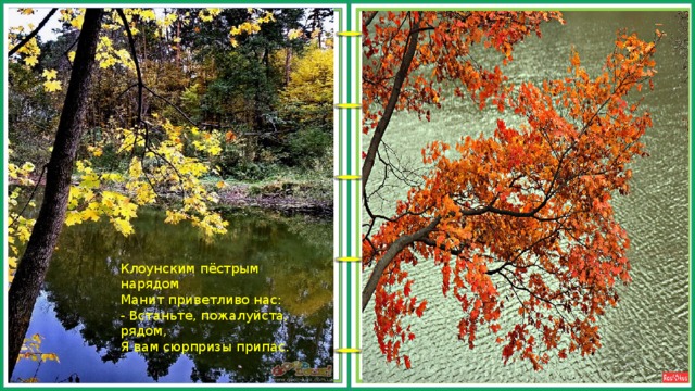 Клоунским пёстрым нарядом Манит приветливо нас: - Встаньте, пожалуйста, рядом, Я вам сюрпризы припас. 