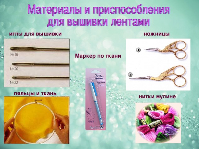 иглы для вышивки ножницы Маркер по ткани пяльцы и ткань нитки мулине 