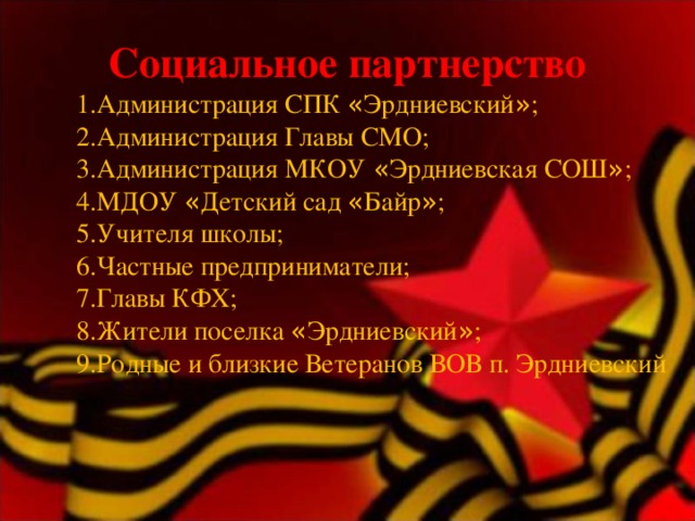 Социальное партнерство Администрация СПК « Эрдниевский » ; Администрация Главы СМО; Администрация МКОУ « Эрдниевская СОШ » ; МДОУ « Детский сад « Байр » ; Учителя школы; Частные предприниматели; Главы КФХ; Жители поселка « Эрдниевский » ; Родные и близкие Ветеранов ВОВ п. Эрдниевский Администрация СПК « Эрдниевский » ; Администрация Главы СМО; Администрация МКОУ « Эрдниевская СОШ » ; МДОУ « Детский сад « Байр » ; Учителя школы; Частные предприниматели; Главы КФХ; Жители поселка « Эрдниевский » ; Родные и близкие Ветеранов ВОВ п. Эрдниевский Администрация СПК « Эрдниевский » ; Администрация Главы СМО; Администрация МКОУ « Эрдниевская СОШ » ; МДОУ « Детский сад « Байр » ; Учителя школы; Частные предприниматели; Главы КФХ; Жители поселка « Эрдниевский » ; Родные и близкие Ветеранов ВОВ п. Эрдниевский 