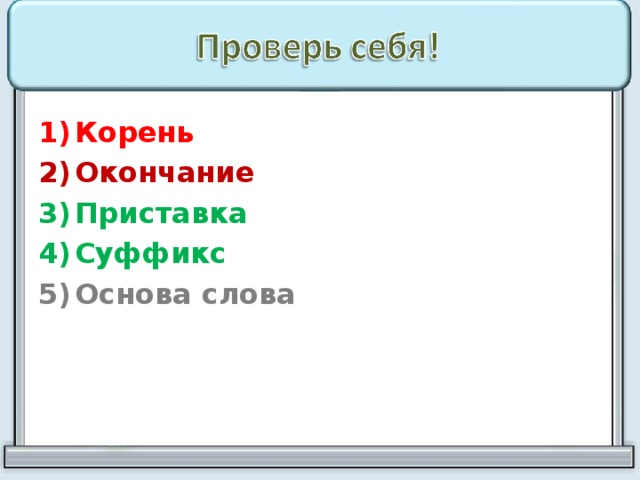 Корень Окончание Приставка Суффикс Основа слова 