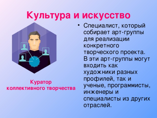 Культура и искусство Специалист, который собирает арт-группы для реализации конкретного творческого проекта. В эти арт-группы могут входить как художники разных профилей, так и ученые, программисты, инженеры и специалисты из других отраслей. Куратор  коллективного творчества 
