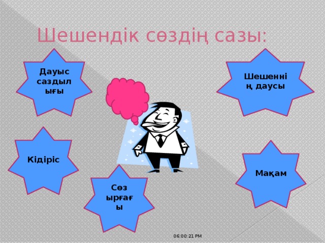 Шешендік сөздің сазы: Дауыс саздылығы Шешеннің даусы Кідіріс Мақам Сөз ырғағы 06:00:32 PM 