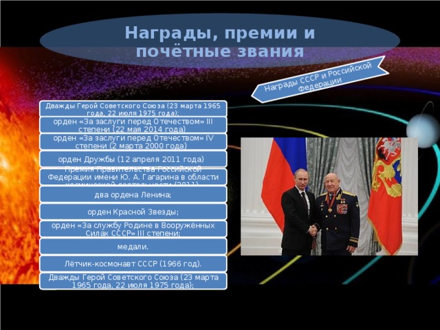 Награды СССР и Российской Федерации Награды, премии и почётные звания Дважды Герой Советского Союза (23 марта 1965 года, 22 июля 1975 года); орден «За заслуги перед Отечеством» III степени (22 мая 2014 года) орден «За заслуги перед Отечеством» IV степени (2 марта 2000 года) орден Дружбы (12 апреля 2011 года) Премия Правительства Российской Федерации имени Ю. А. Гагарина в области космической деятельности (2011) два ордена Ленина; орден Красной Звезды; орден «За службу Родине в Вооружённых Силах СССР» III степени; медали. Лётчик-космонавт СССР (1966 год). Дважды Герой Советского Союза (23 марта 1965 года, 22 июля 1975 года); 