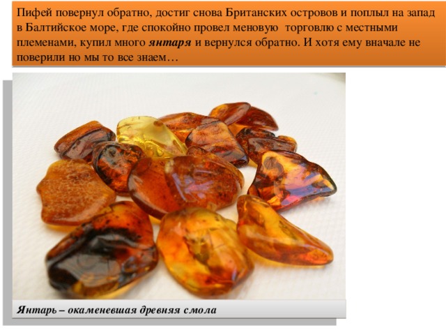 Пифей повернул обратно, достиг снова Британских островов и поплыл на запад в Балтийское море, где спокойно провел меновую торговлю с местными племенами, купил много янтаря и вернулся обратно. И хотя ему вначале не поверили но мы то все знаем… Янтарь – окаменевшая древняя смола 
