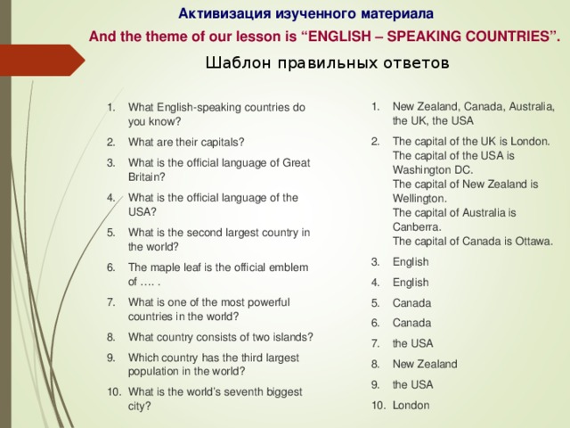 Активизация изученного материала And the theme of our lesson is “ENGLISH – SPEAKING COUNTRIES”. Шаблон правильных ответов New Zealand, Canada, Australia, the UK, the USA The capital of the UK is London.  The capital of the USA is Washington DC.  The capital of New Zealand is Wellington.  The capital of Australia is Canberra.  The capital of Canada is Ottawa. English English Canada Canada the USA New Zealand the USA London What English-speaking countries do you know? What are their capitals? What is the official language of Great Britain? What is the official language of the USA? What is the second largest country in the world? The maple leaf is the official emblem of …. . What is one of the most powerful countries in the world? What country consists of two islands? Which country has the third largest population in the world? What is the world’s seventh biggest city? 