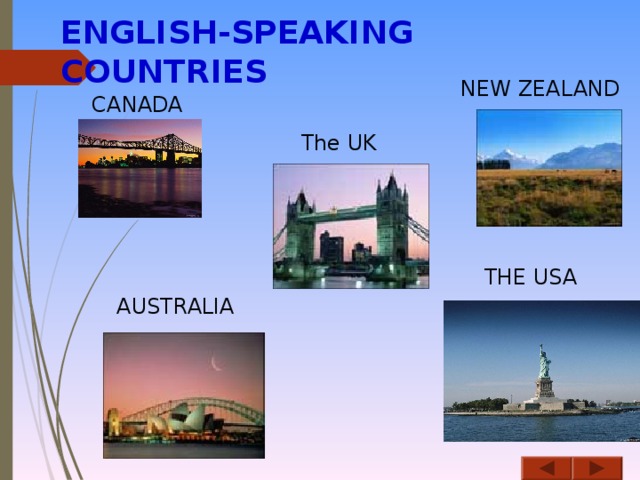 ENGLISH-SPEAKING COUNTRIES NEW ZEALAND CANADA The UK THE USA AUSTRALIA 