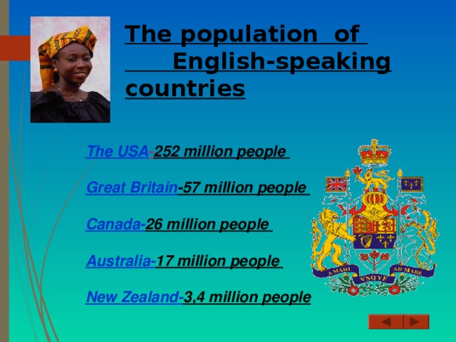 The population of  English-speaking countries The USA - 252 million people  Great Britain -57 million people  Canada- 26 million people  Australia- 17 million people  New Zealand- 3,4 million people  