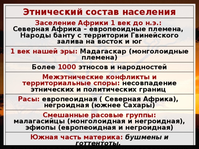 Этнический состав населения Заселение Африки 1 век до н.э.: Северная Африка – европеоидные племена, 1 век нашей эры: Мадагаскар (монголоидные племена) Более 1000 этносов и народностей Народы банту с территории Гвинейского залива на восток и юг Межэтнические конфликты и территориальные споры: несовпадение этнических и политических границ Расы: европеоидная ( Северная Африка), негроидная (южнее Сахары) Смешанные расовые группы: малагасийцы (монголоидная и негроидная), Южная часть материка: бушмены и готтентоты, буры или африканеры (потомки голландских переселенцев) эфиопы (европеоидная и негроидная) 