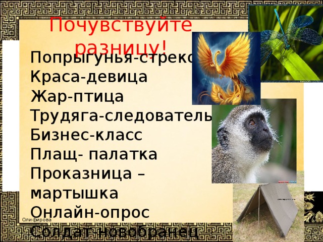 Почувствуйте разницу! Попрыгунья-стрекоза  Краса-девица  Жар-птица  Трудяга-следователь  Бизнес-класс Плащ- палатка Проказница –мартышка Онлайн-опрос Солдат-новобранец 