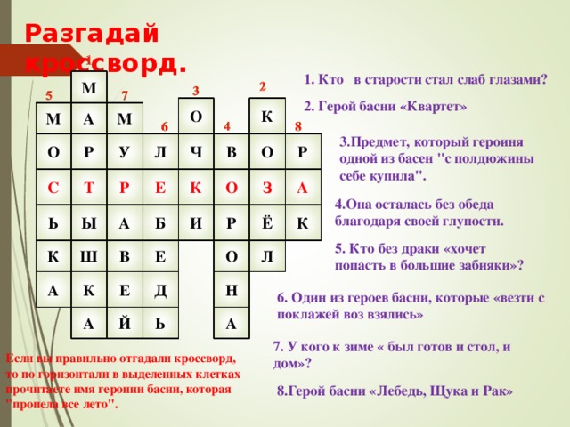 Разгадай кроссворд. 1. Кто в старости стал слаб глазами? М 2. Герой басни «Квартет» О К А М М 3.Предмет, который героиня одной из басен 