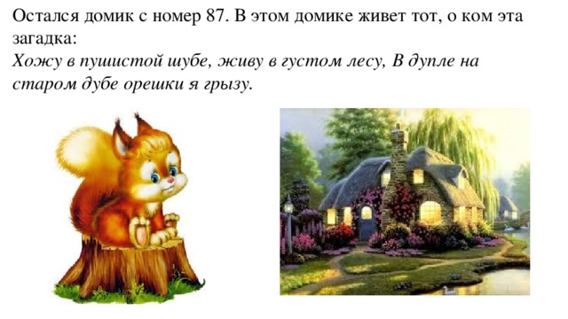 Остался домик с номер 87. В этом домике живет тот, о ком эта загадка: Хожу в пушистой шубе, живу в густом лесу, В дупле на старом дубе орешки я грызу. 