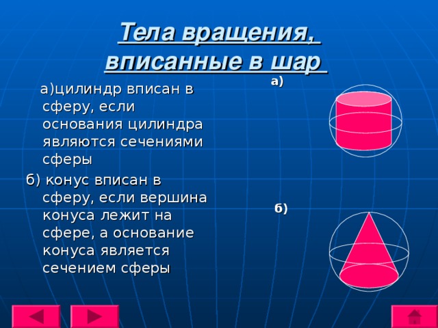 Тела вращения,  вписанные в шар  а)  а)цилиндр вписан в сферу, если основания цилиндра являются сечениями сферы б) конус вписан в сферу, если вершина конуса лежит на сфере, а основание конуса является сечением сферы б) 