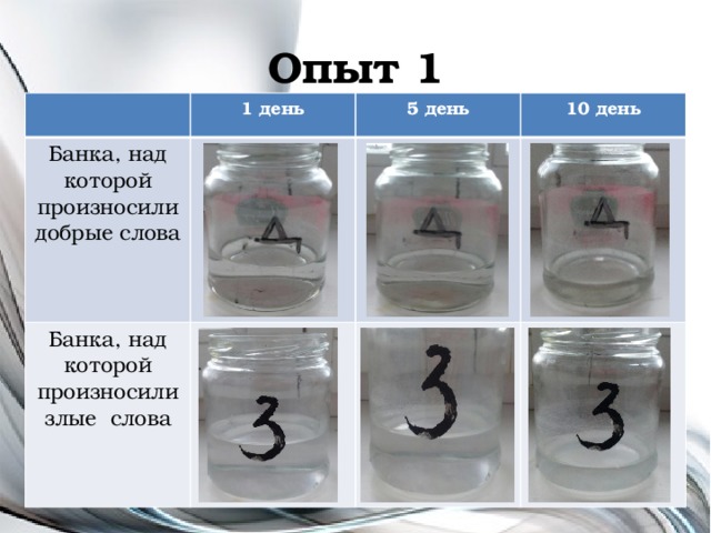 Опыт 1 1 день Банка, над которой произносили добрые слова 5 день Банка, над которой произносили злые слова 10 день 