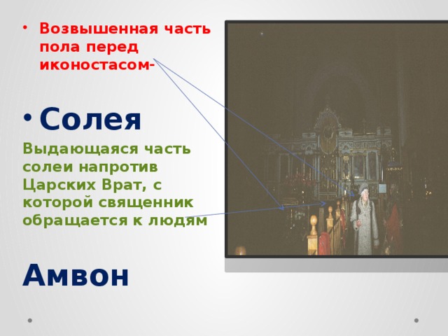 Возвышенная часть пола перед иконостасом-  Солея Выдающаяся часть солеи напротив Царских Врат, с которой священник обращается к людям  Амвон 