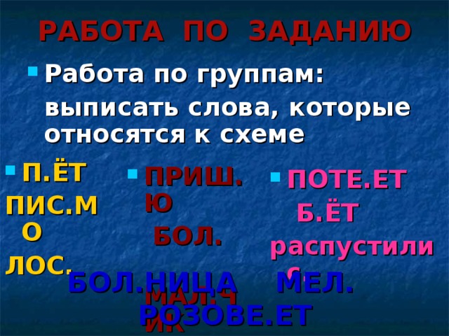 РАБОТА ПО ЗАДАНИЮ Работа по группам:  выписать слова, которые относятся к схеме П.ЁТ ПИС.МО ЛОС. ПРИШ.Ю  БОЛ.  МАЛ.ЧИК ПОТЕ.ЕТ  Б.ЁТ распустилис. БОЛ.НИЦА МЕЛ. РОЗОВЕ.ЕТ 