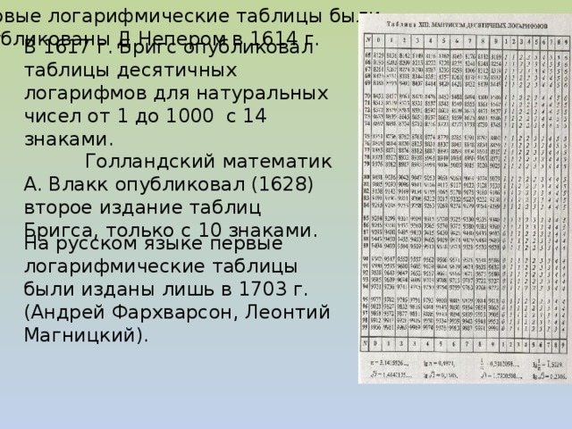 Первые логарифмические таблицы были опубликованы Д.Непером в 1614 г. В 1617 г. Бригс опубликовал таблицы десятичных логарифмов для натуральных чисел от 1 до 1000 с 14 знаками.  Голландский математик А. Влакк опубликовал (1628) второе издание таблиц Бригса, только с 10 знаками. На русском языке первые логарифмические таблицы были изданы лишь в 1703 г. (Андрей Фархварсон, Леонтий Магницкий).