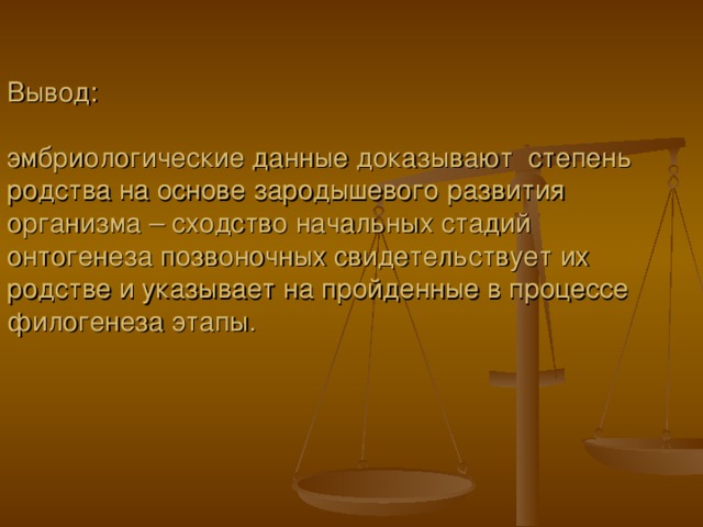 Вывод:   эмбриологические данные доказывают степень родства на основе зародышевого развития организма – сходство начальных стадий онтогенеза позвоночных свидетельствует их родстве и указывает на пройденные в процессе филогенеза этапы. 