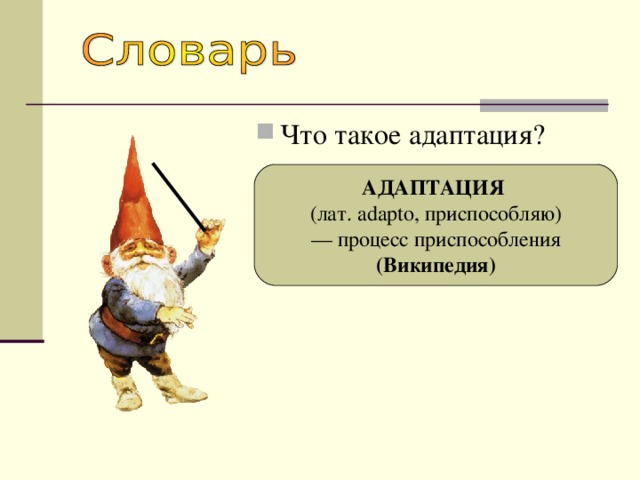 Что такое адаптация? АДАПТАЦИЯ (лат. adapto, приспособляю) — процесс приспособления (Википедия) 