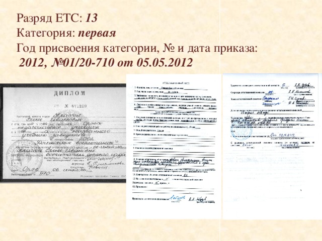 Разряд ЕТС: 13 Категория: первая Год присвоения категории, № и дата приказа:  2012, №01/20-710 от 05.05.2012         