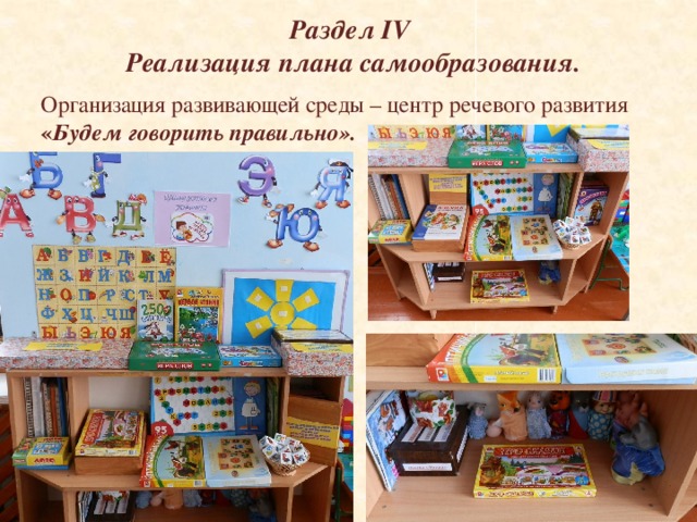 Раздел IV  Реализация плана самообразования. Организация развивающей среды – центр речевого развития « Будем говорить правильно».  