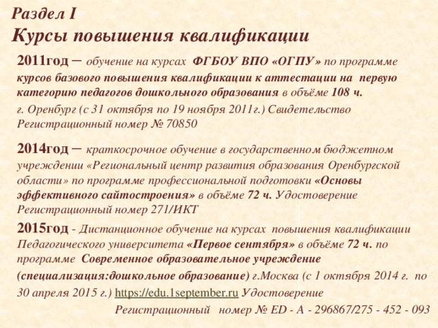 Раздел I  Курсы повышения квалификации 2011год  – обучение на курсах  ФГБОУ ВПО «ОГПУ» по программе курсов базового повышения квалификации к аттестации на первую категорию педагогов дошкольного образования в объёме 108 ч.  г. Оренбург (с 31 октября по 19 ноября 2011г.) Свидетельство Регистрационный номер № 70850 2014год – краткосрочное обучение в государственном бюджетном учреждении «Региональный центр развития образования Оренбургской области» по программе профессиональной подготовки «Основы эффективного сайтостроения» в объёме 72 ч.  Удостоверение Регистрационный номер 271/ИКТ 2015год - Дистанционное обучение на курсах повышения квалификации Педагогического университета «Первое сентября» в объёме 72 ч.  по программе Современное образовательное учреждение (специализация:дошкольное образование) г.Москва (с 1 октября 2014 г. по 30 апреля 2015 г.) https://edu.1september.ru  Удостоверение  Регистрационный номер № ED - A - 296867/275 - 452 - 093        