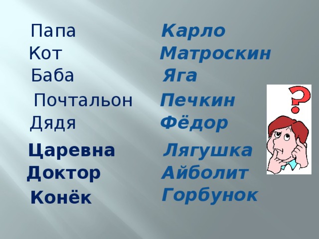 Папа Карло Кот Матроскин Баба Яга Печкин   Почтальон Фёдор  Дядя Царевна Лягушка Доктор Айболит Горбунок  Конёк 