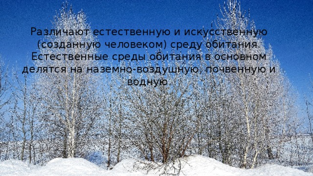 Различают естественную и искусственную (созданную человеком) среду обитания. Естественные среды обитания в основном делятся на наземно-воздушную, почвенную и водную. 